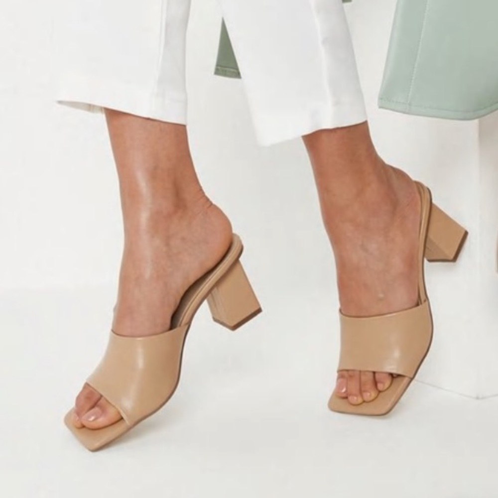 Sand Square Toe Block Heels